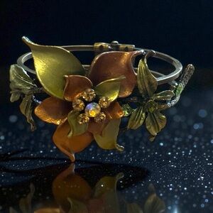 Vintage Floral Gold and Green Metal Cuff Bracelet
